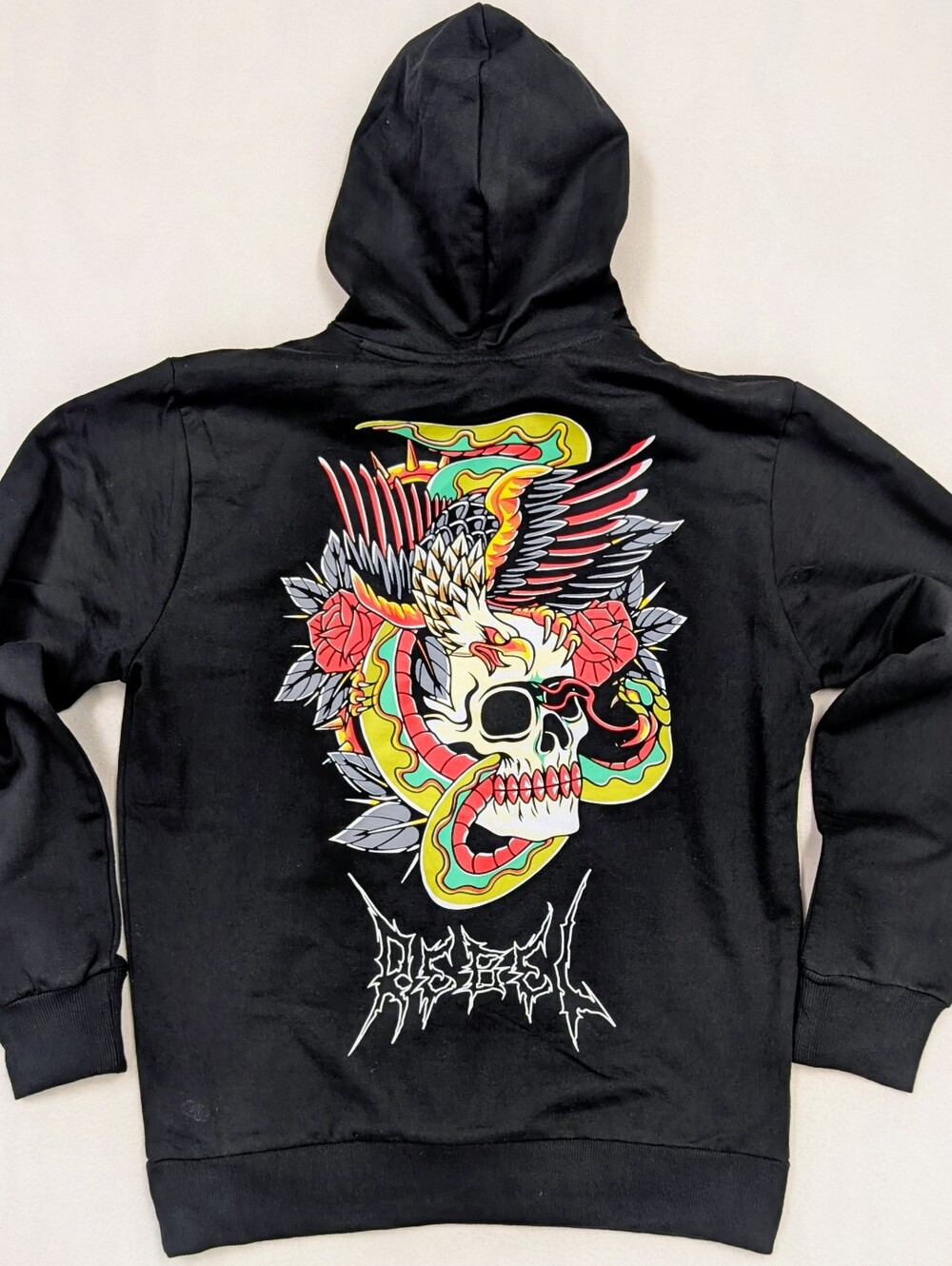Rebel Vengeance Black Skull Graphic Pullover Hoodie Gothic Logo NWT Size L